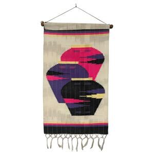 Vintage Handmade Woven Wall Tapestry Vibrant Vase Pots Southwestern Pueblo